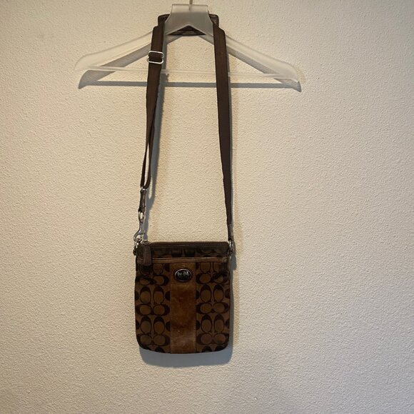 Coach Monogram Canvas Crossbody Bag Brown Vintage Purse 8.5x7.5 - Picture 2 of 6